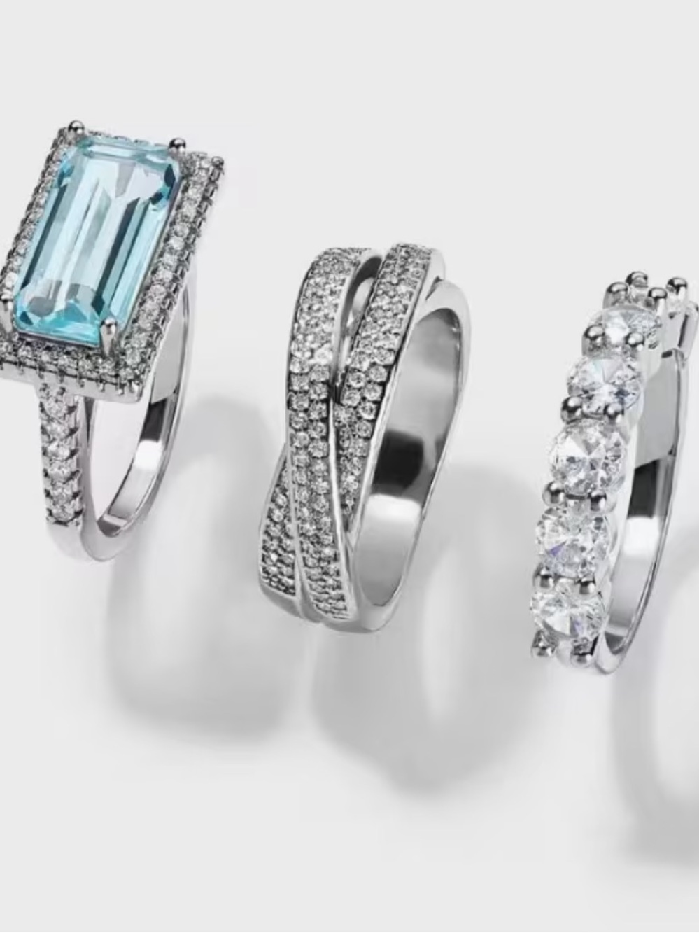 LAST ONE❤️ NWT! Triple Stack Silver Faux Aquamarine and Rhinestone Boho Ring Set - Picture 2 of 3
